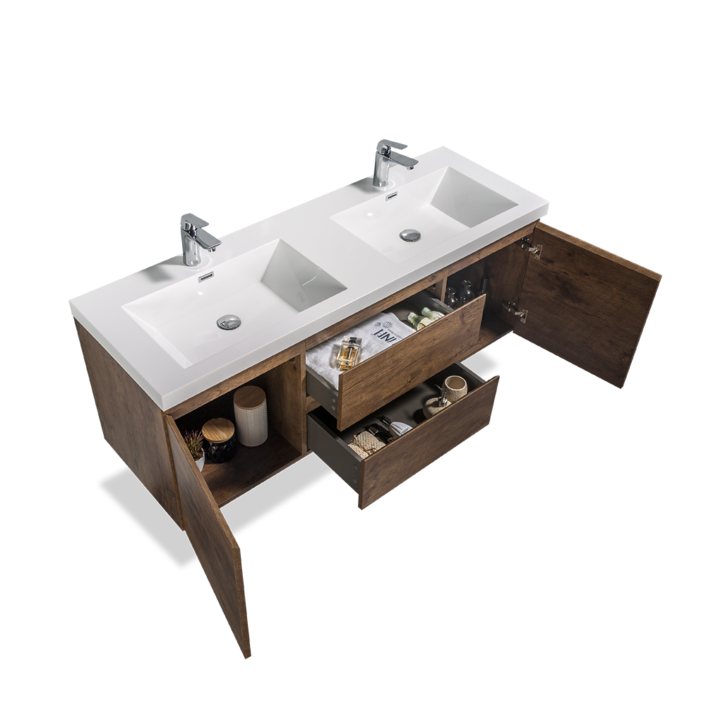 60" V9005 Angela Wall Hung Vanity & Acrylic Double Basins (Rose Wood)