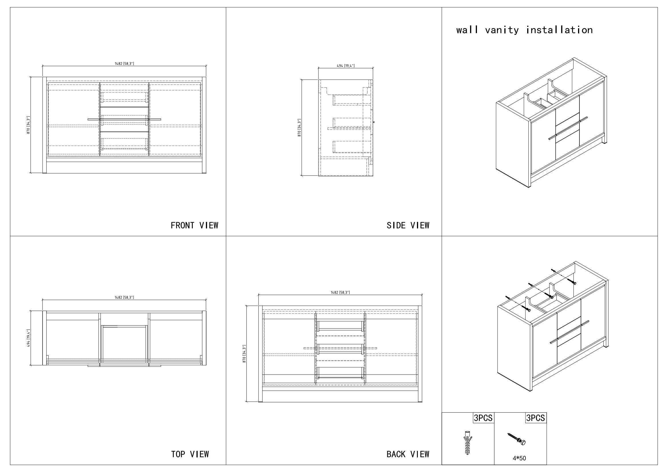 60" V9019 Allier Series Standing Vanity & Acrylic Basin Double Sink (Glossy White)