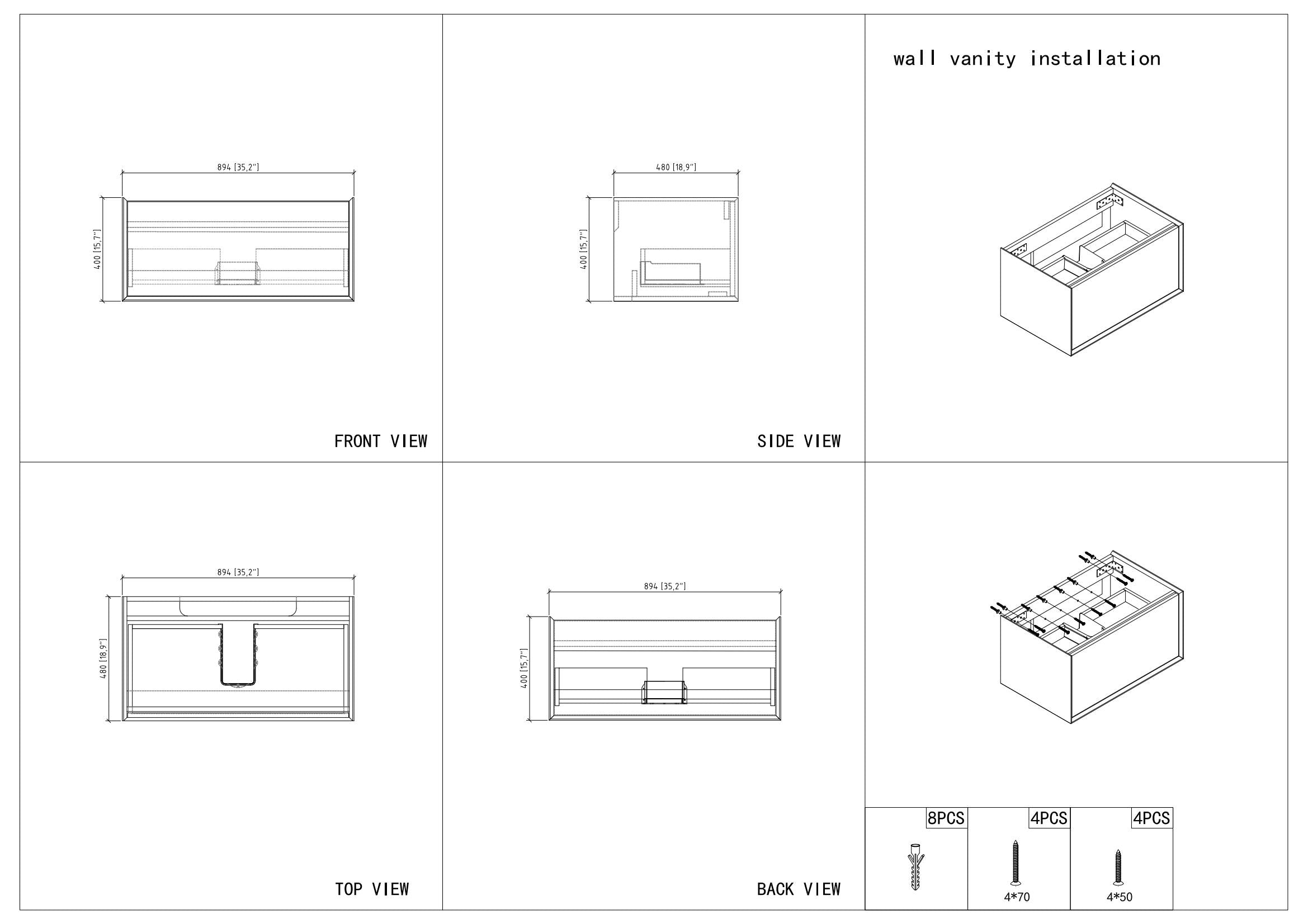 36" V9021 Fiona Wall Hung Vanity & Acrylic Basin (Matte White / Fural Oak)