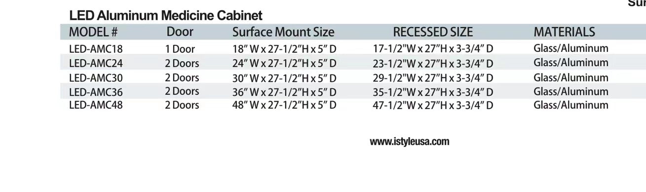 30" LED Aluminum Medicine Cabinet (Surface Mount/Recessed)