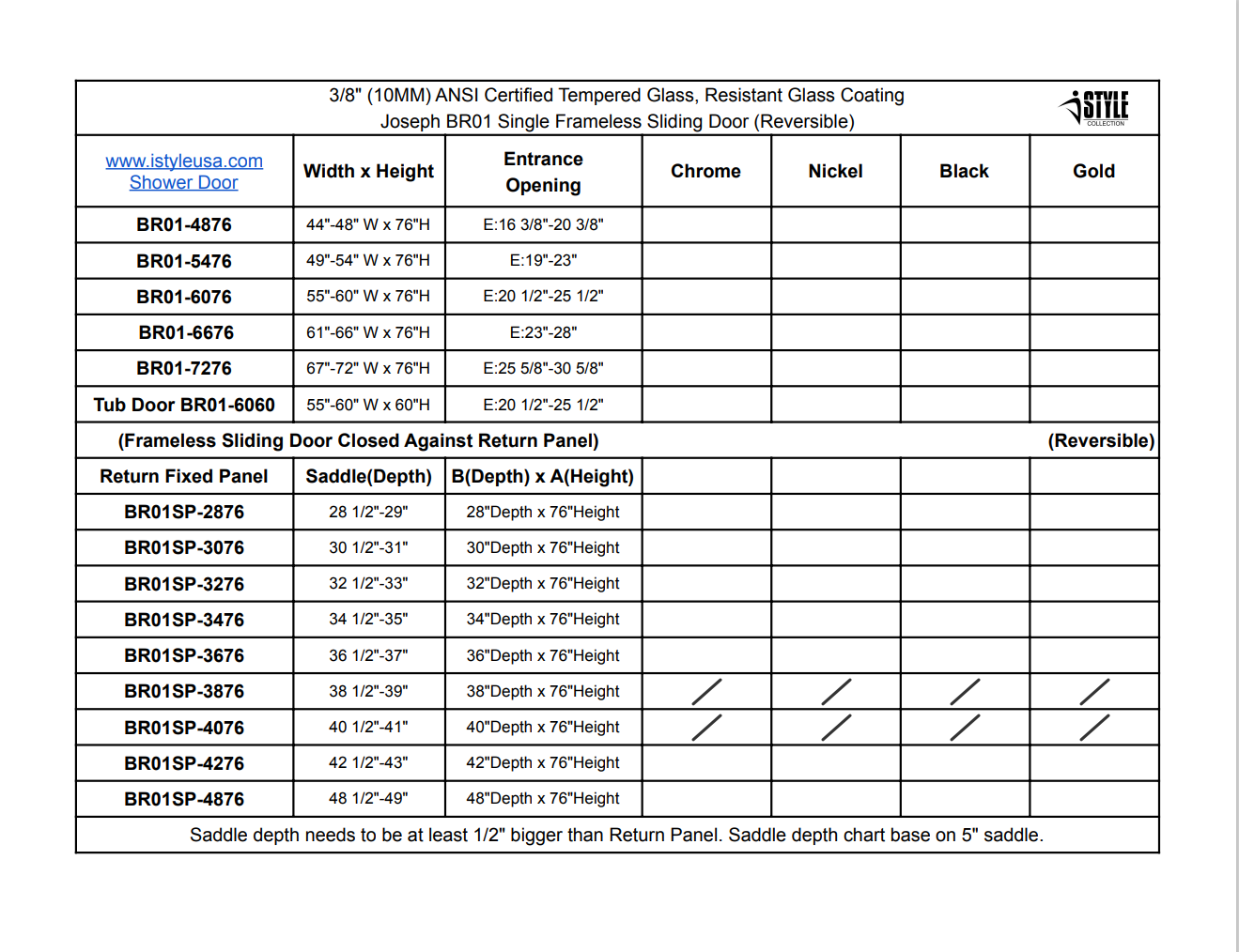 BR01 Joseph Frameless Single Sliding Shower Door with Klearteck Treatment (3/8" Thickness) (Chrome)