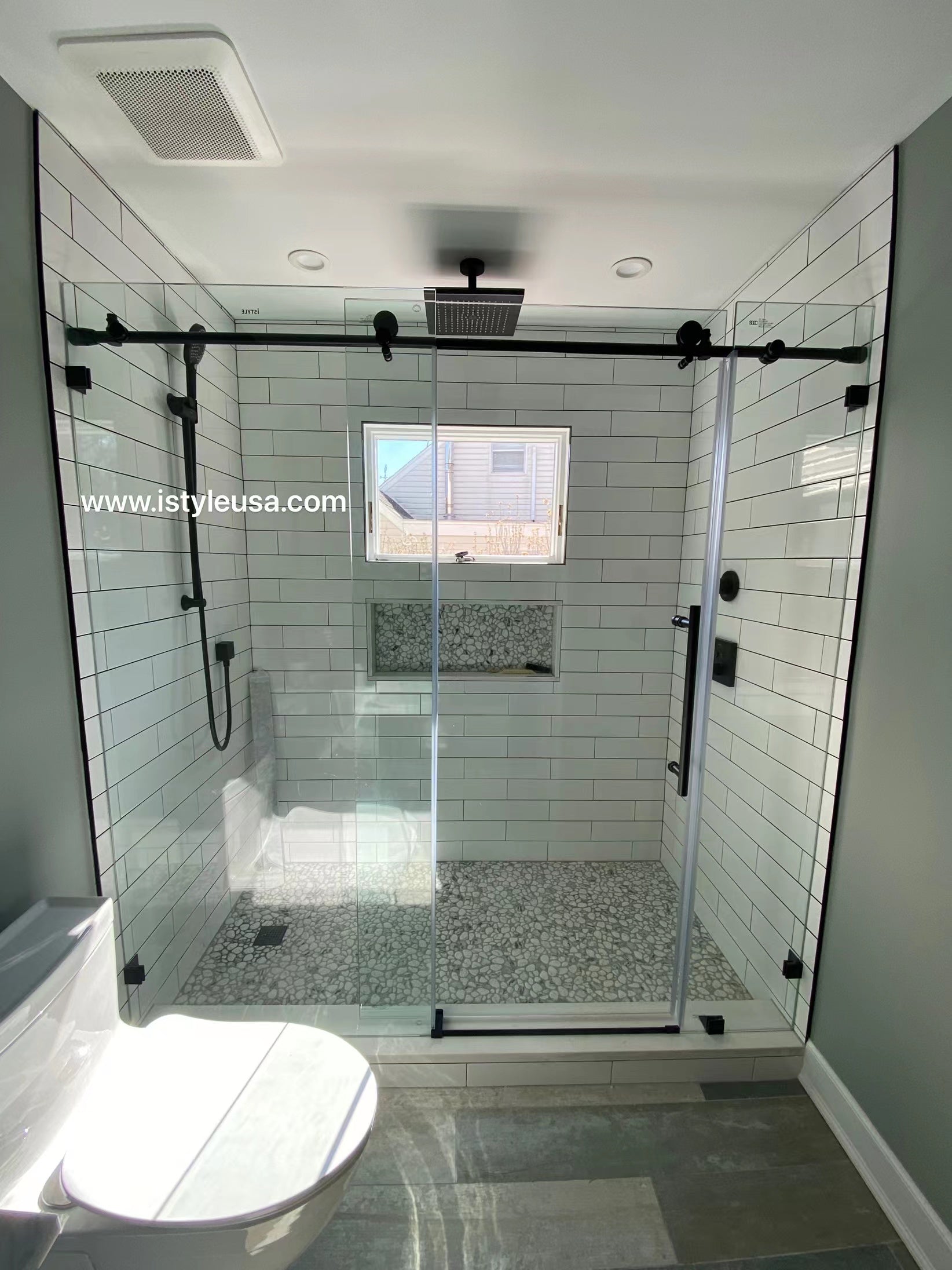 78" MZ Matthew Series Frameless (3 Panels) Single Sliding Shower Door with Klearteck Treatment (3/8" Thickness) (Matte Black)