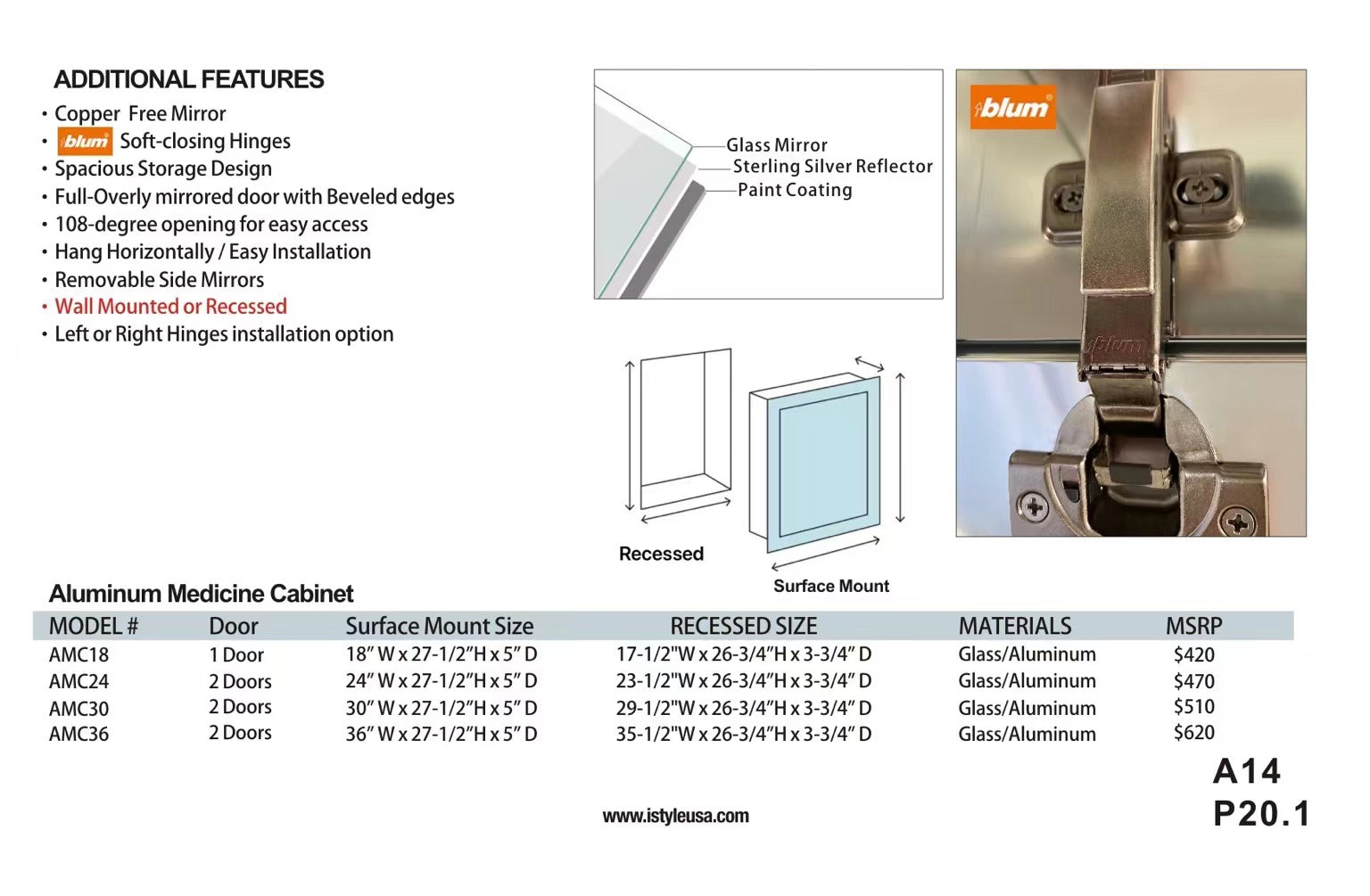 24" Aluminum Medicine Cabinet (Surface Mount/Recessed)