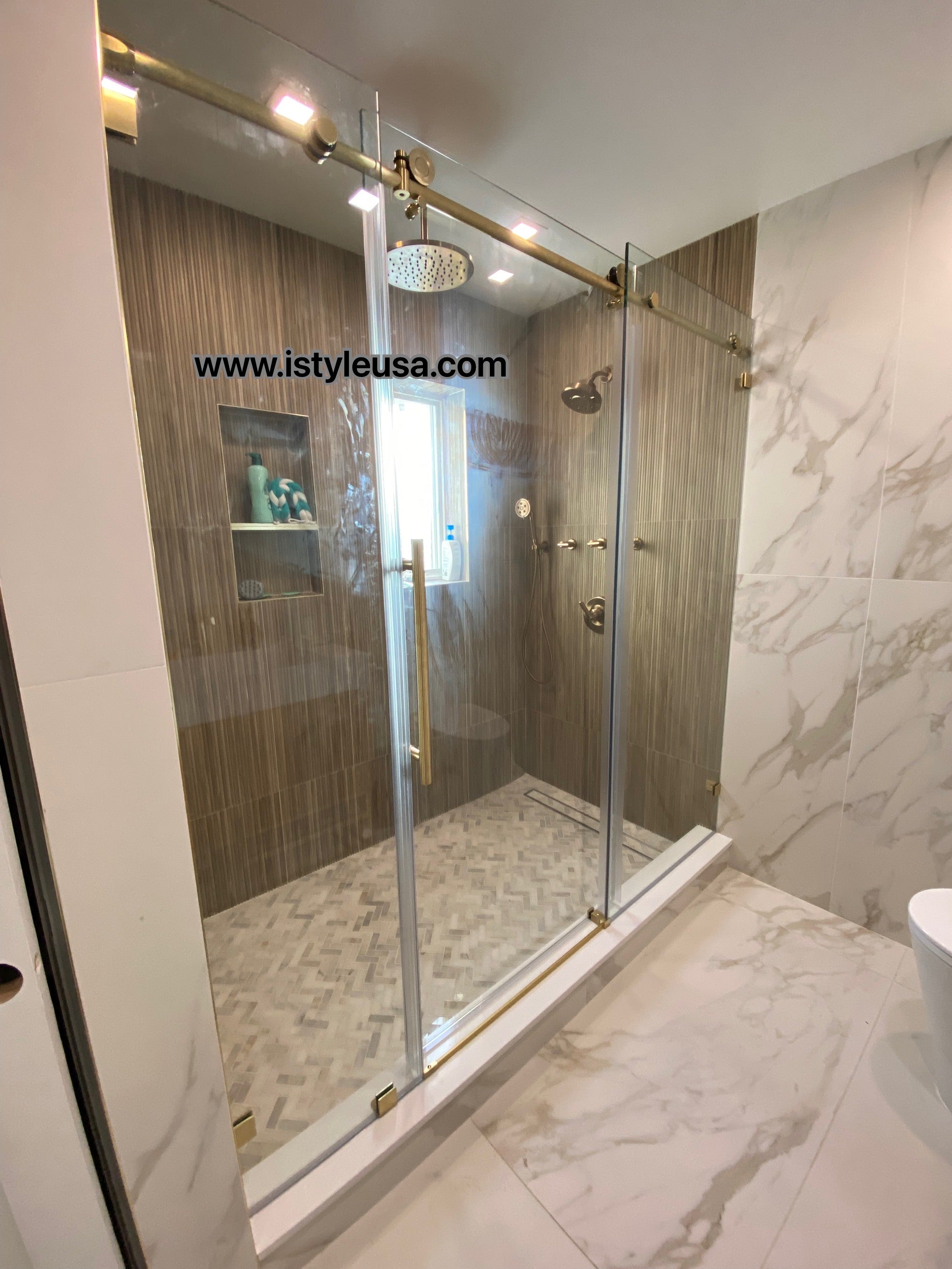 84" MZ Matthew Series Frameless Single Sliding Shower Door with Klearteck Treatment (3/8" Thickness)(3 Panels) (Brushed Gold)