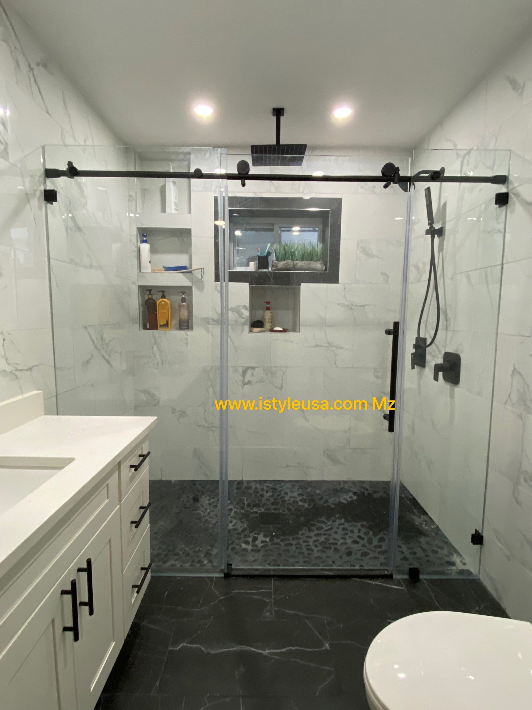 84" MZ Matthew Series Frameless Single Sliding Shower Door with Klearteck Treatment (3/8" Thickness) (3 Panels) (Matte Black)