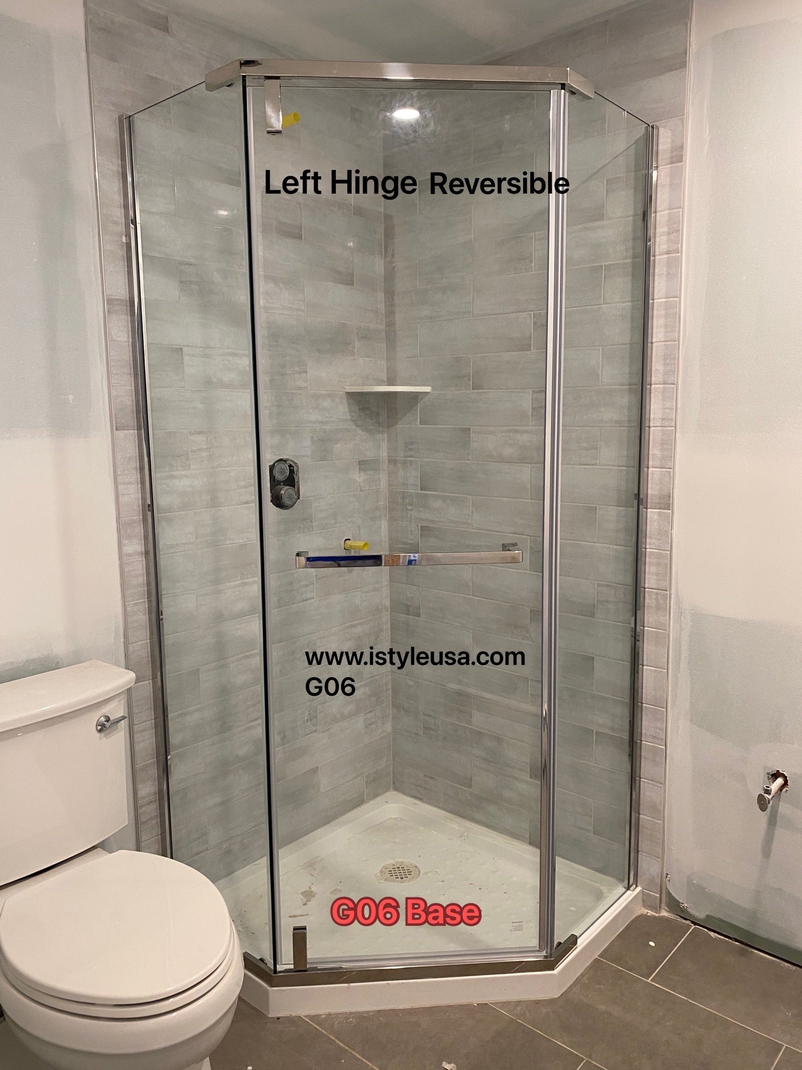 Neo Maggie Angle G06 Hinged Shower Door  36"W X 36"W X 76"H & 40"W X 40"W X 76"H (3/8" Thickness) (Chrome or Brushed Nickel)