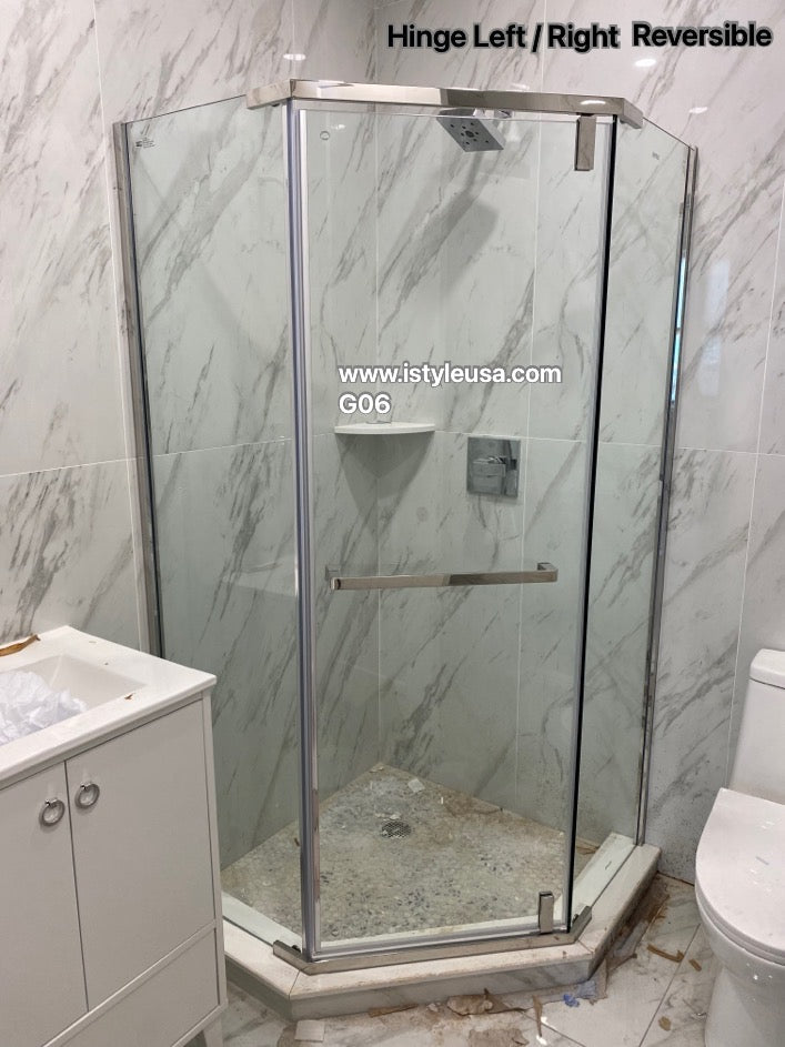 Neo Maggie Angle G06 Hinged Shower Door  36"W X 36"W X 76"H & 40"W X 40"W X 76"H (3/8" Thickness) (Chrome or Brushed Nickel)