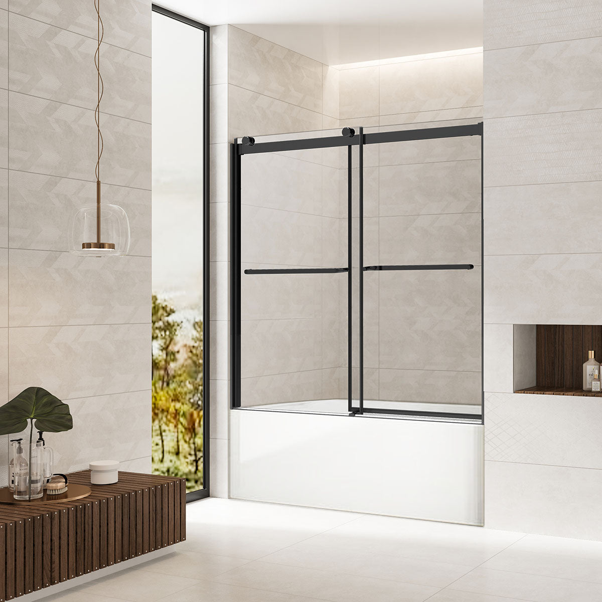 60" John Series Tub Door Frameless Bypass with Klearteck Treatment (5/16" Thickness) (Matte Black)