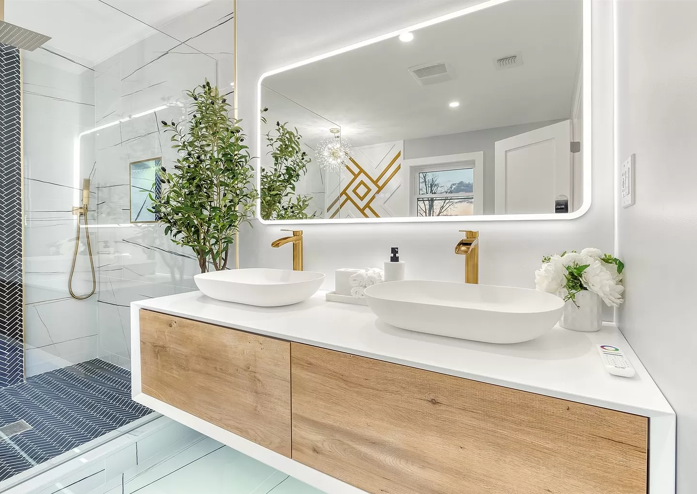 63" V9013 Fiona Series Wall Hung Vanity & Acrylic Double Basins (Matte White / Fural Oak)