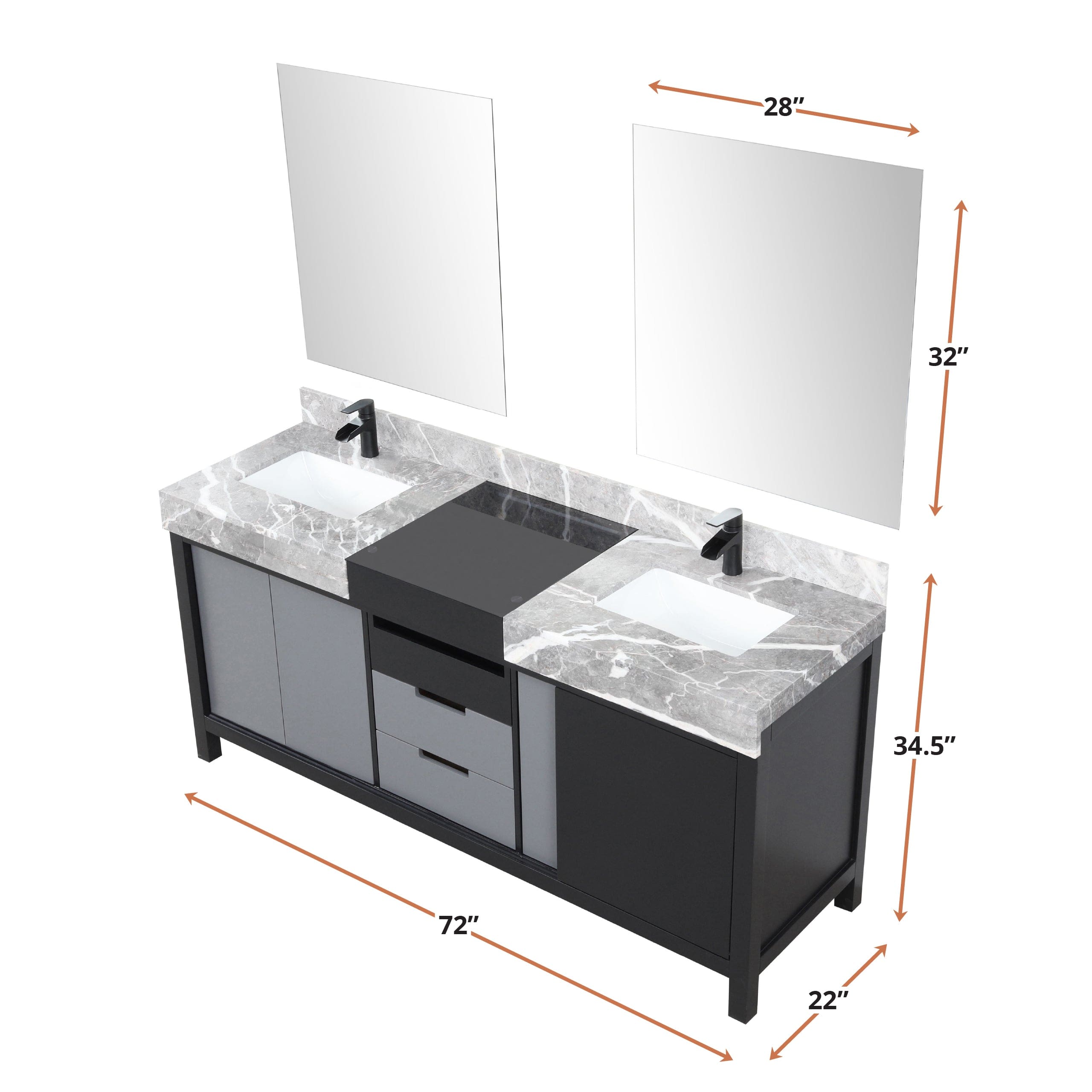 Zilara 72" Black and Grey Double Vanity