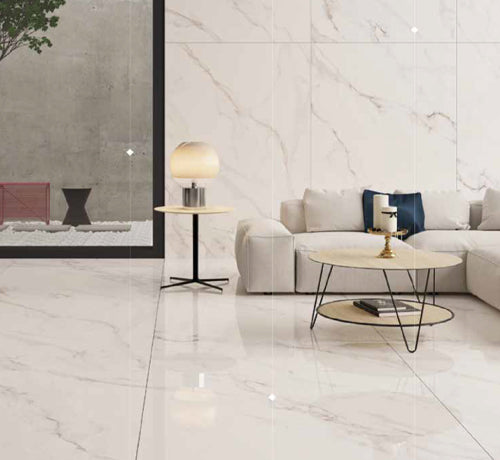 Belleza Tile in polished finish, showcasing elegant marble design in modern living room setting with stylish furniture.