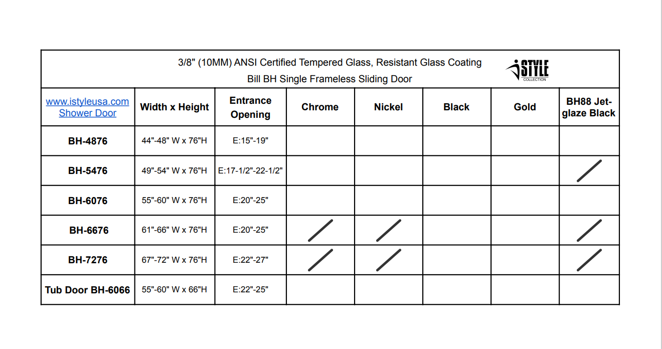 60" 66" 72" BH Frameless Single Sliding Tub Door (Matte Black)