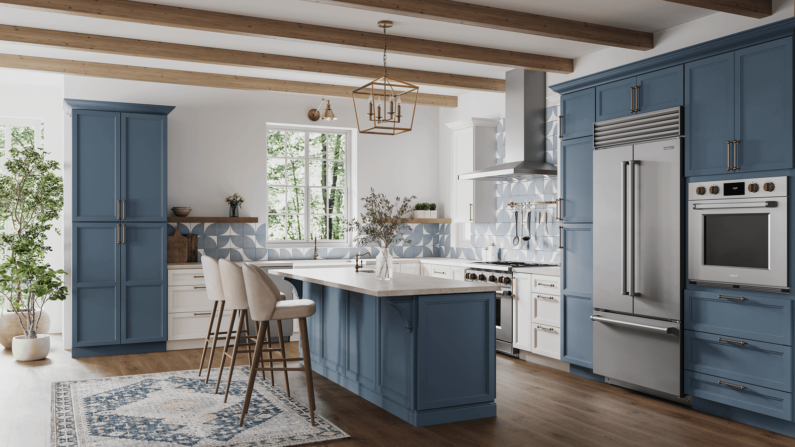 Modern kitchen featuring Presto Bolt blue denim cabinets with shaker doors and a stylish island design.
