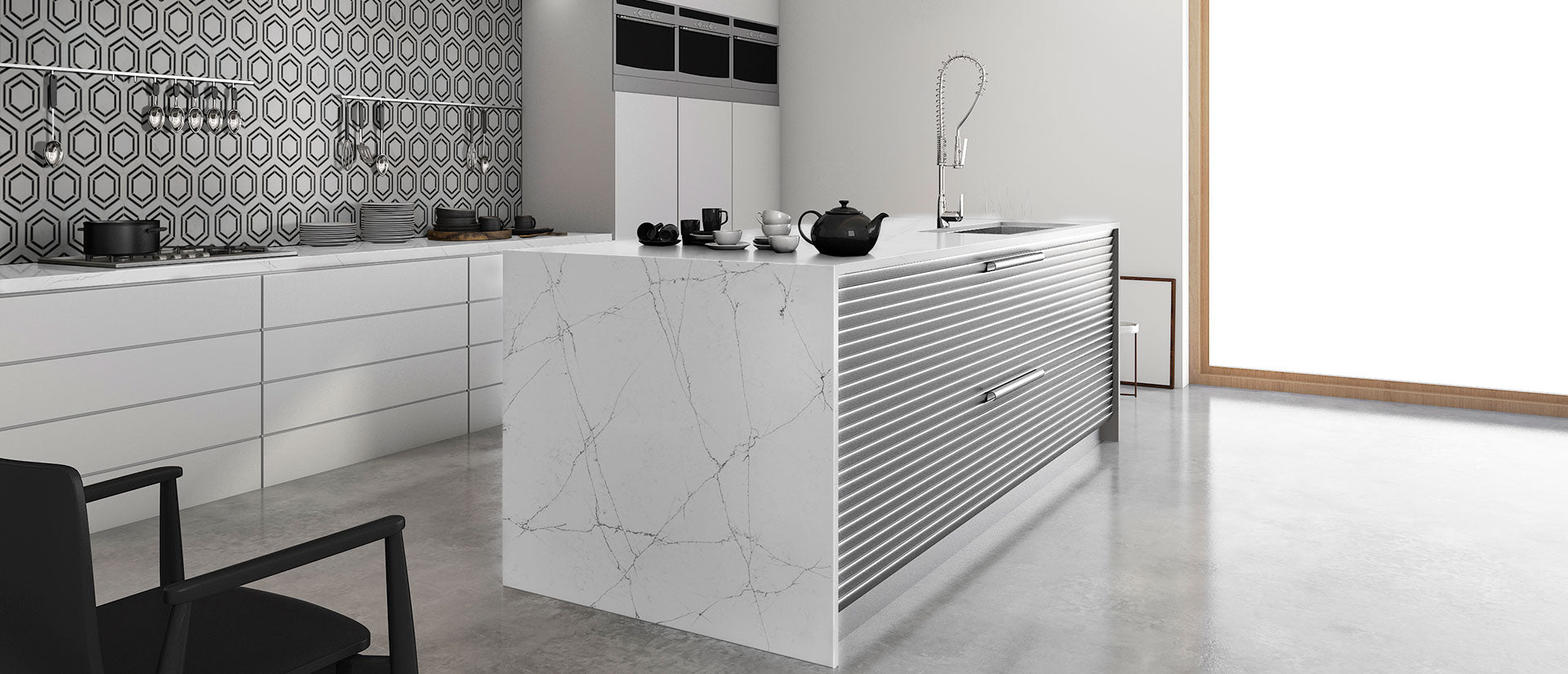 A full view of a Calacatta Montage quartz slab, displaying a bright white background with a soft, misty grey pattern and delicate, interlocking veins that create a subtle and uniform marble texture.
