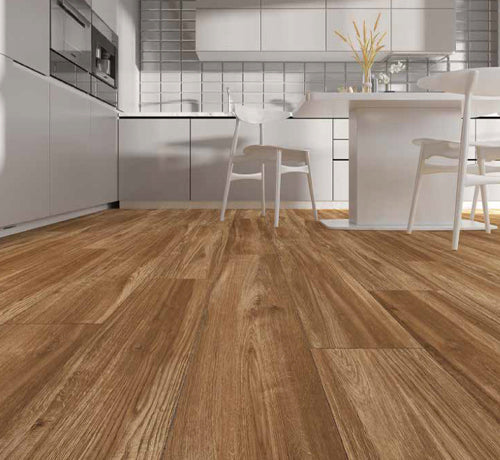 Stylish kitchen featuring Castagna Olmo Beige Dark Porcelain Tile in a matte finish, enhancing the modern interior design.