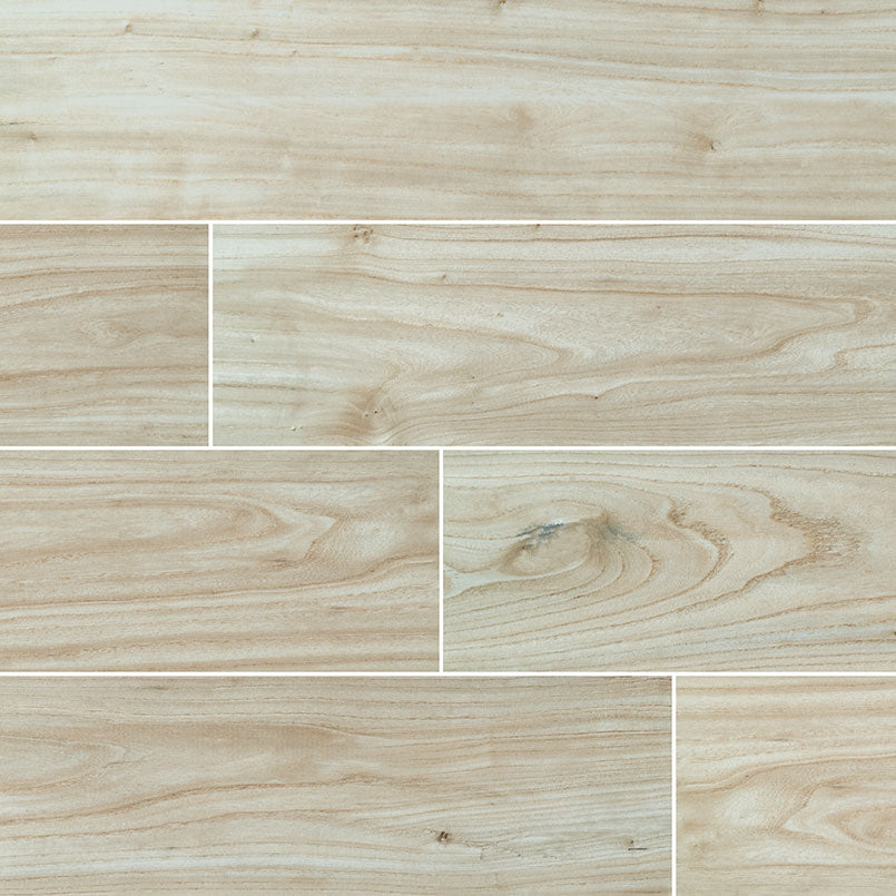 Catalina Maple 8x48 polished porcelain wood tile features beige and cream hues with natural wood grain detail.