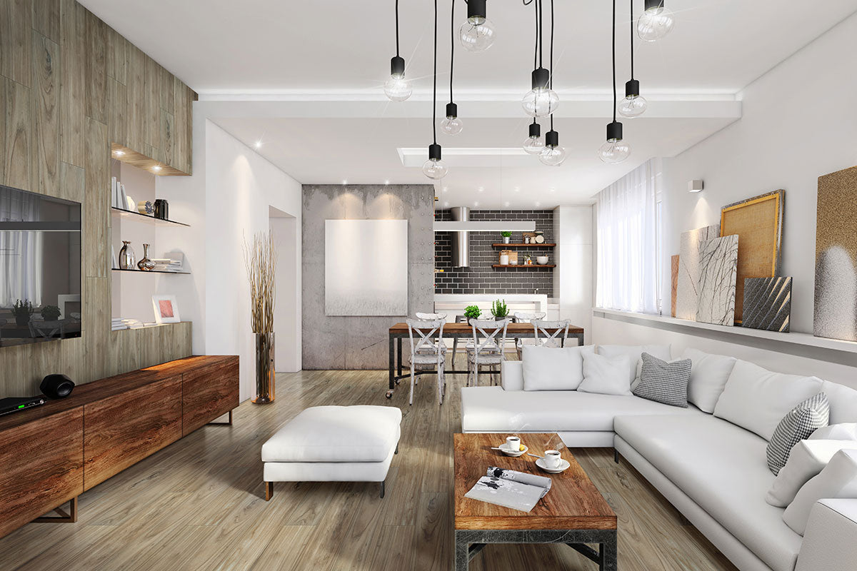Modern living room with polished wood tile flooring, sleek furniture, and stylish pendant lighting in a minimalist design.