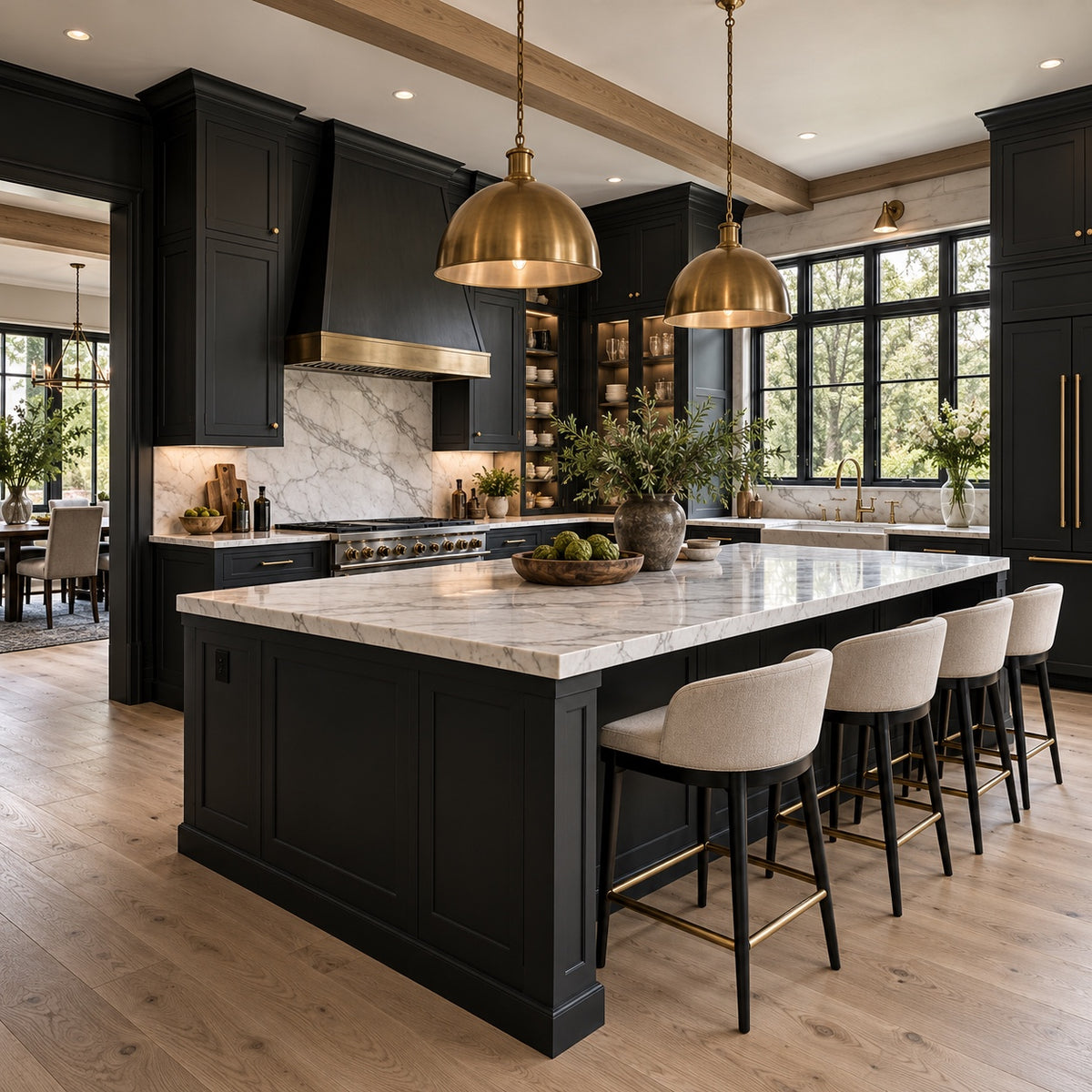 Dark kitchen cabinets with a marble-top island