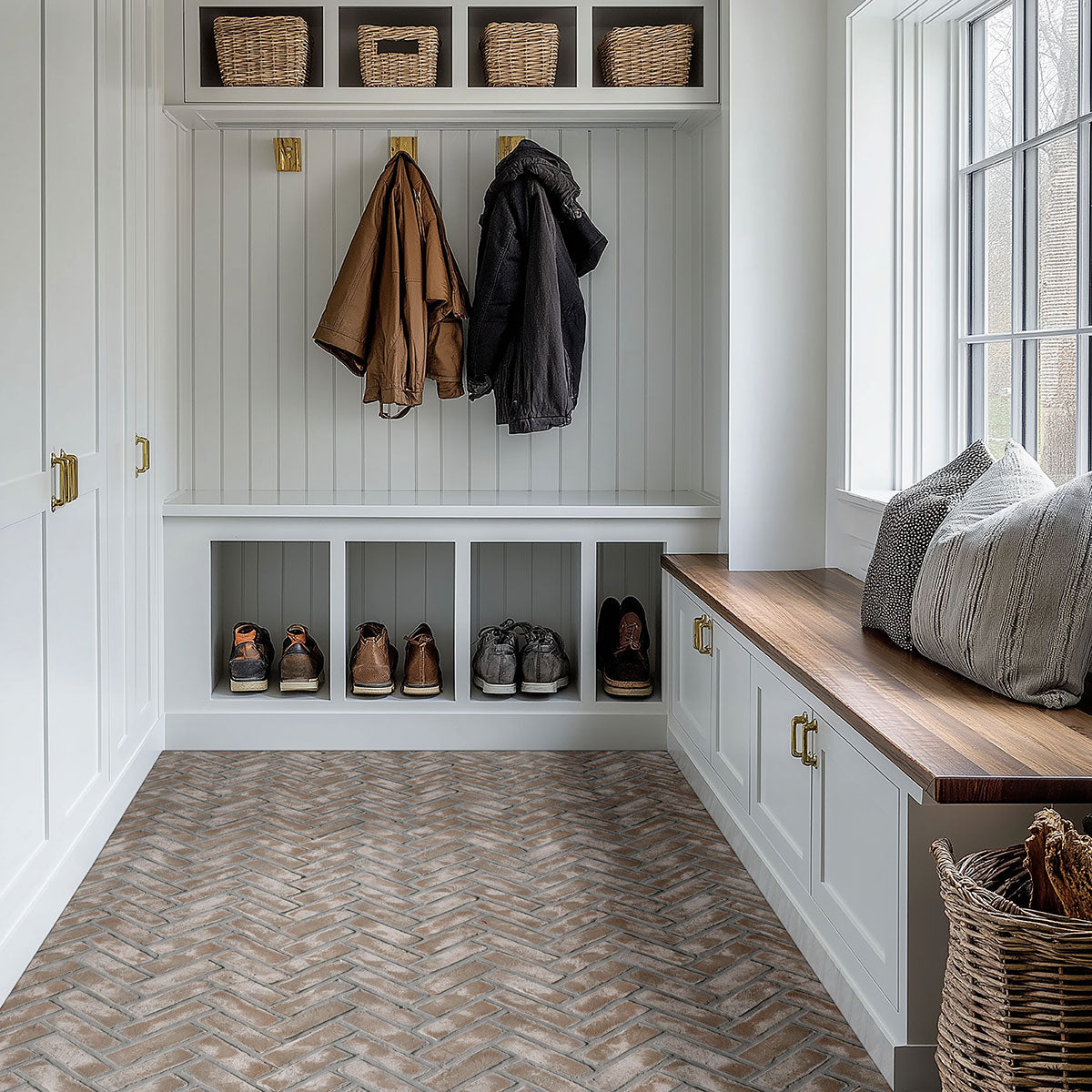 Doverton Gray Clay Brick Herringbone 2.25x7.5x0.5