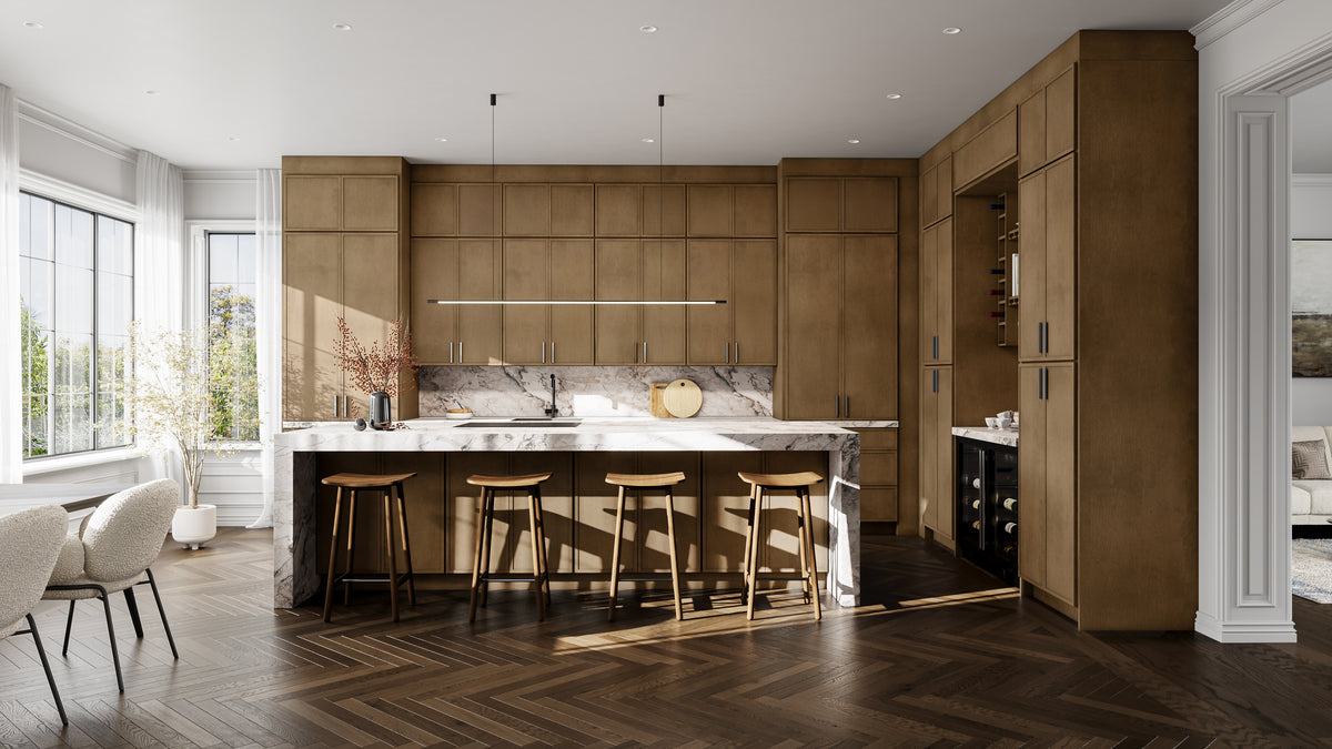Fabuwood Luna Truffle kitchen cabinets with island seating
