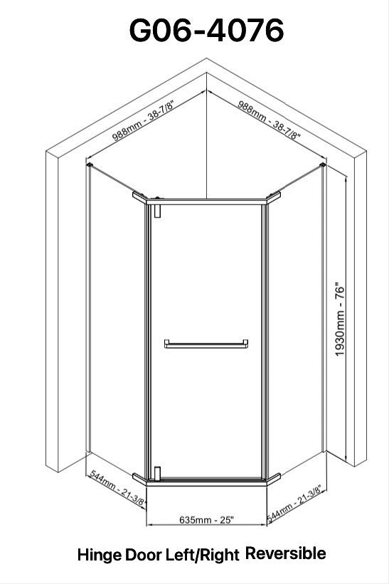 Neo Maggie Angle G06 Hinged Shower Door  36"W X 36"W X 76"H & 40"W X 40"W X 76"H (3/8" Thickness) (Chrome or Brushed Nickel)