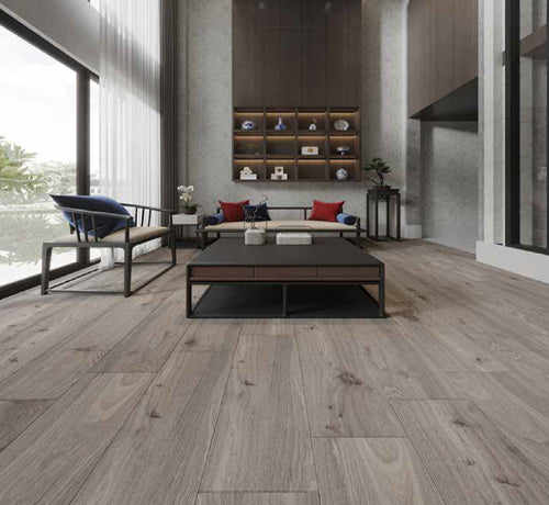 Modern living room featuring Fenix Maple Acero Porcelain Tile flooring with natural wood look and Matt finish.