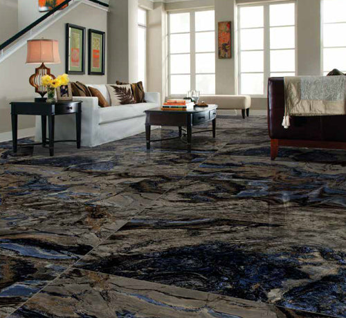 Fiago Blue Tile - Polished, showcasing elegant dark blue and gray patterns in a modern living room setting.