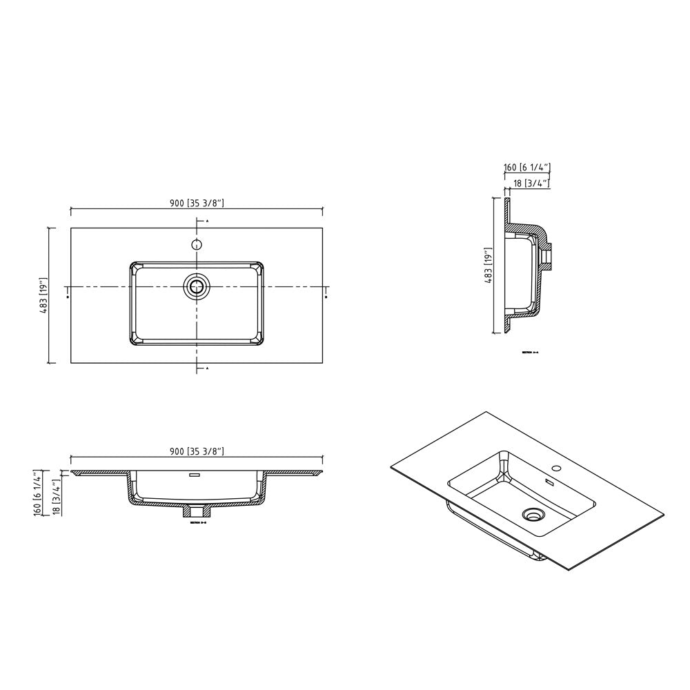 36" V9021 Fiona Wall Hung Vanity & Acrylic Basin (Matte White / Fural Oak)