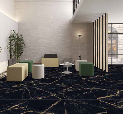 Golden Spyder Tile in high polish, featuring a stylish black design with gold veining, ideal for modern interiors.