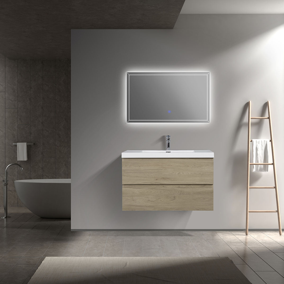 36" V9005 Angela Wall Hung Vanity & Acrylic Basin Sink (E.Oak) - Shop at Home Craft Studio - 1