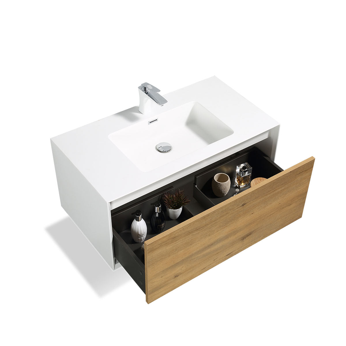 36" V9021 Fiona Wall Hung Vanity & Acrylic Basin (Matte White / Fural Oak) bathroom vanities - Shop at Home Craft Studio - 2