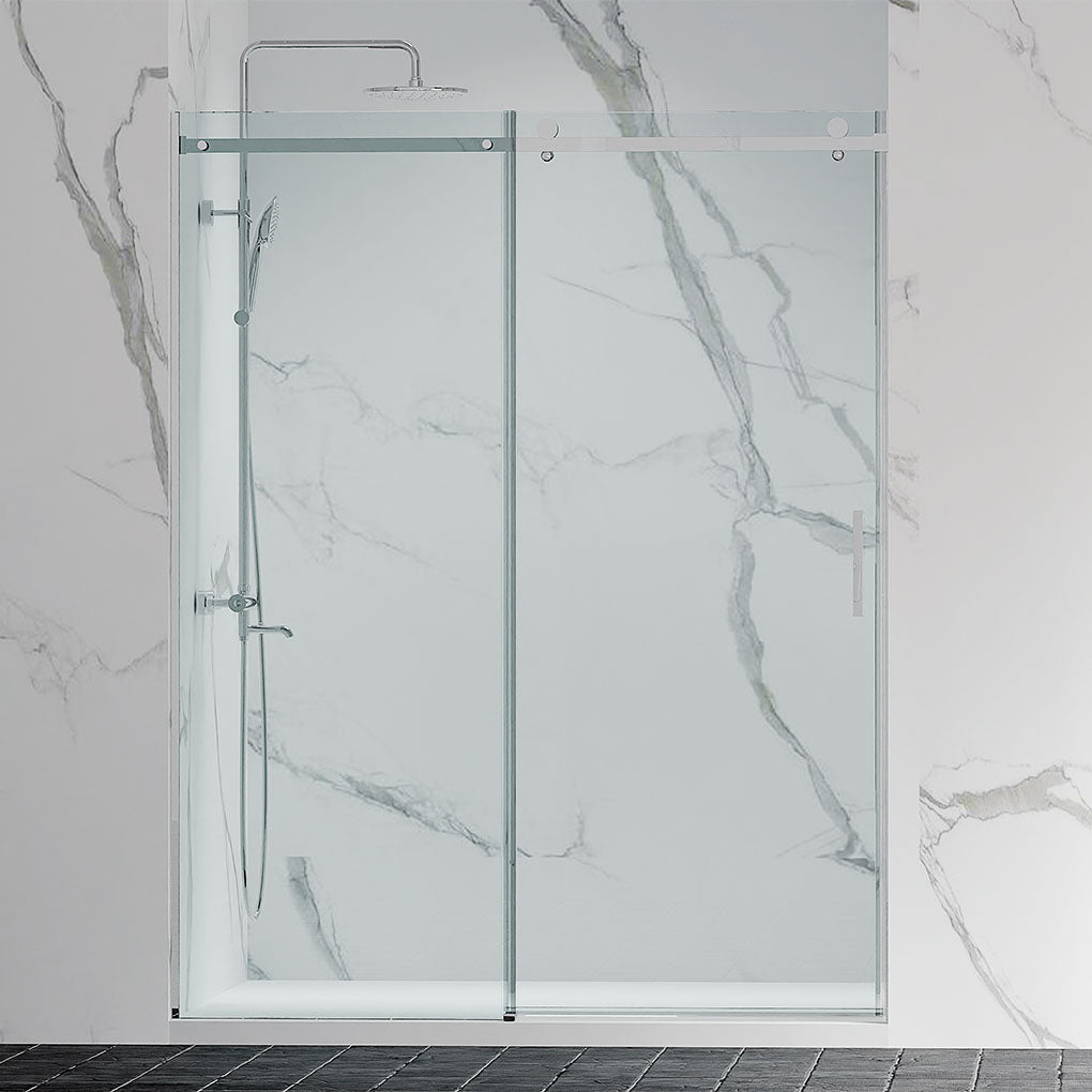 54" Amber Series Frameless Sliding Shower Door with Klearteck Treatment (3/8" Fixed + 5/16" Sliding ) (Brushed Nickel) shower door - Shop at Home Craft Studio - 1