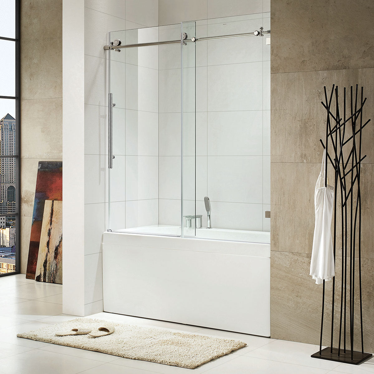 BR01 Joseph Frameless Single Sliding Tub Door with Klearteck Treatment (3/8" Thickness) (Brushed Nickel) - Shop at Home Craft Studio - 1