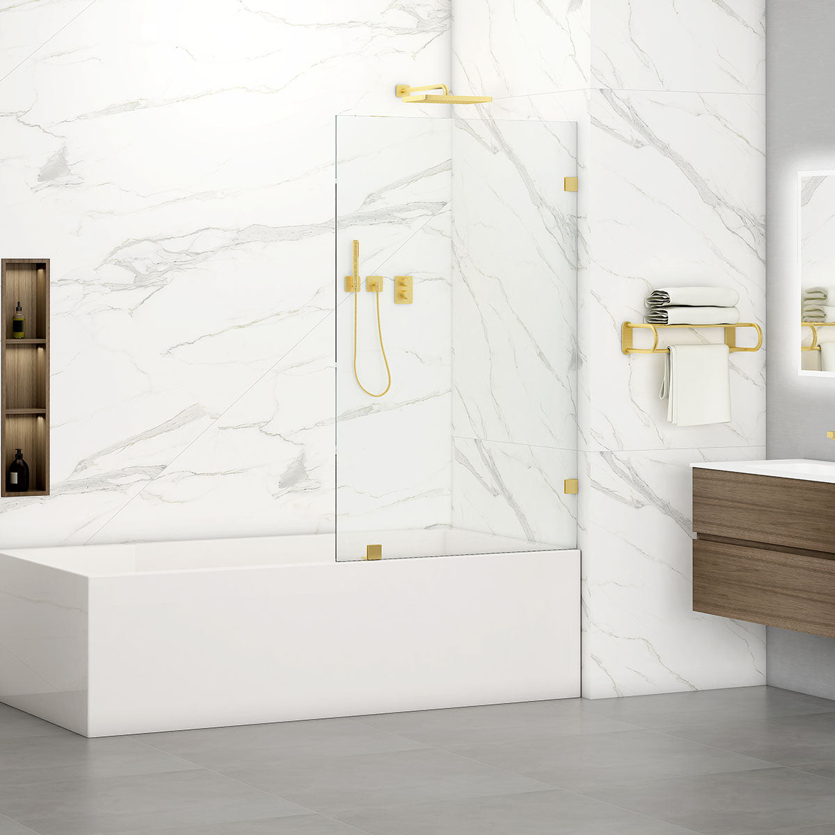 W03 Isabell Walk In Screen Tub Door with Klearteck Treatment 30"W X 66" H (3/8" Thickness) (Brushed Gold) - Shop at Home Craft Studio - 1