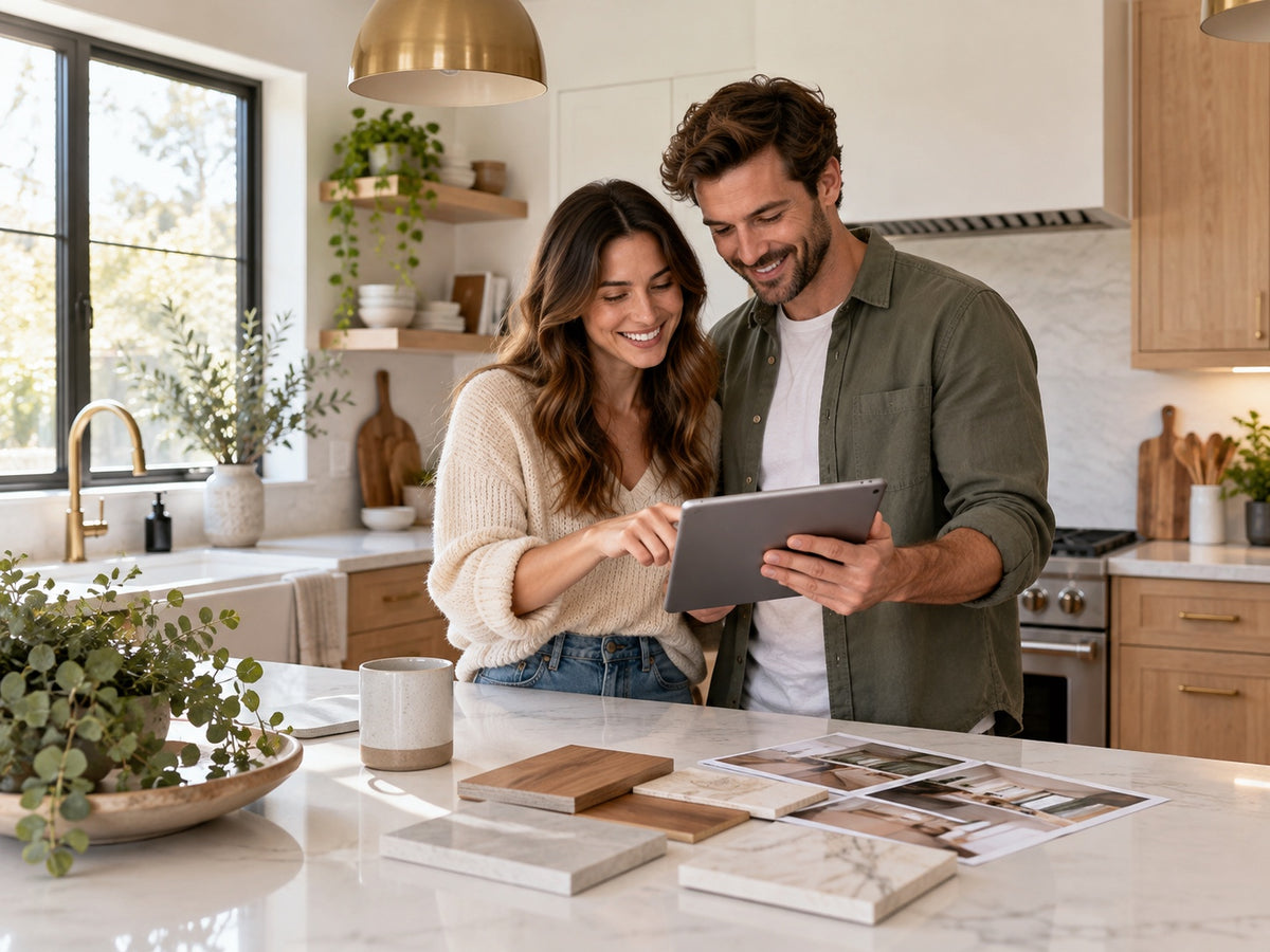 Couple reviewing kitchen remodel financing options on a tablet