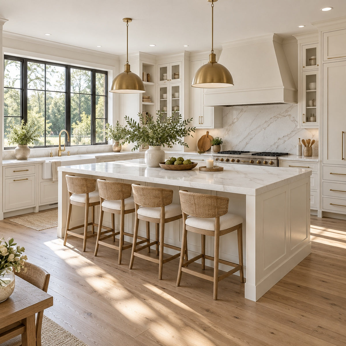 Light color kitchen cabinets with a white island