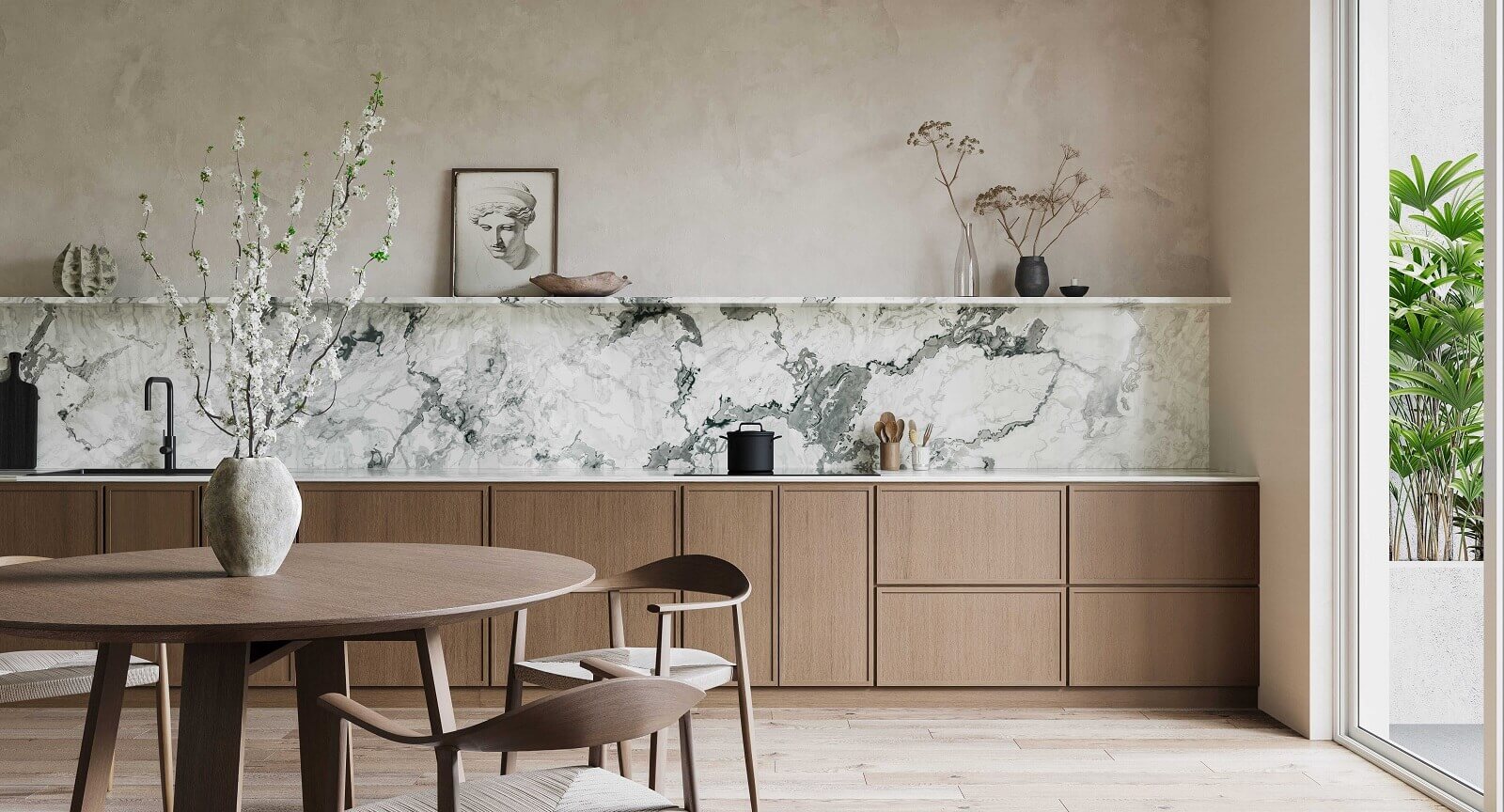 Modern kitchen with Imperial Madison Hazelnut cabinets, marble backsplash, and stylish wooden dining table.