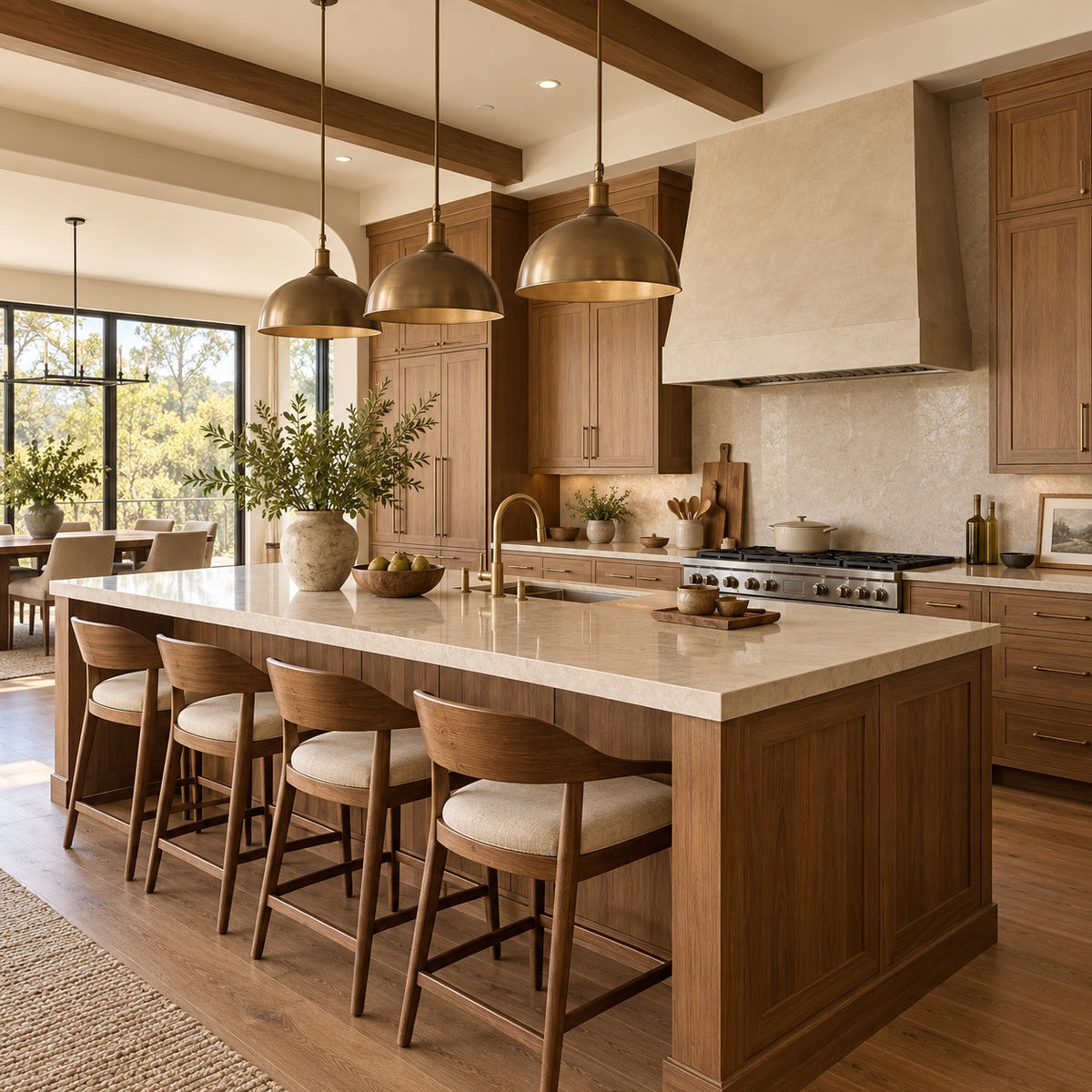 Medium wood kitchen cabinets with island seating