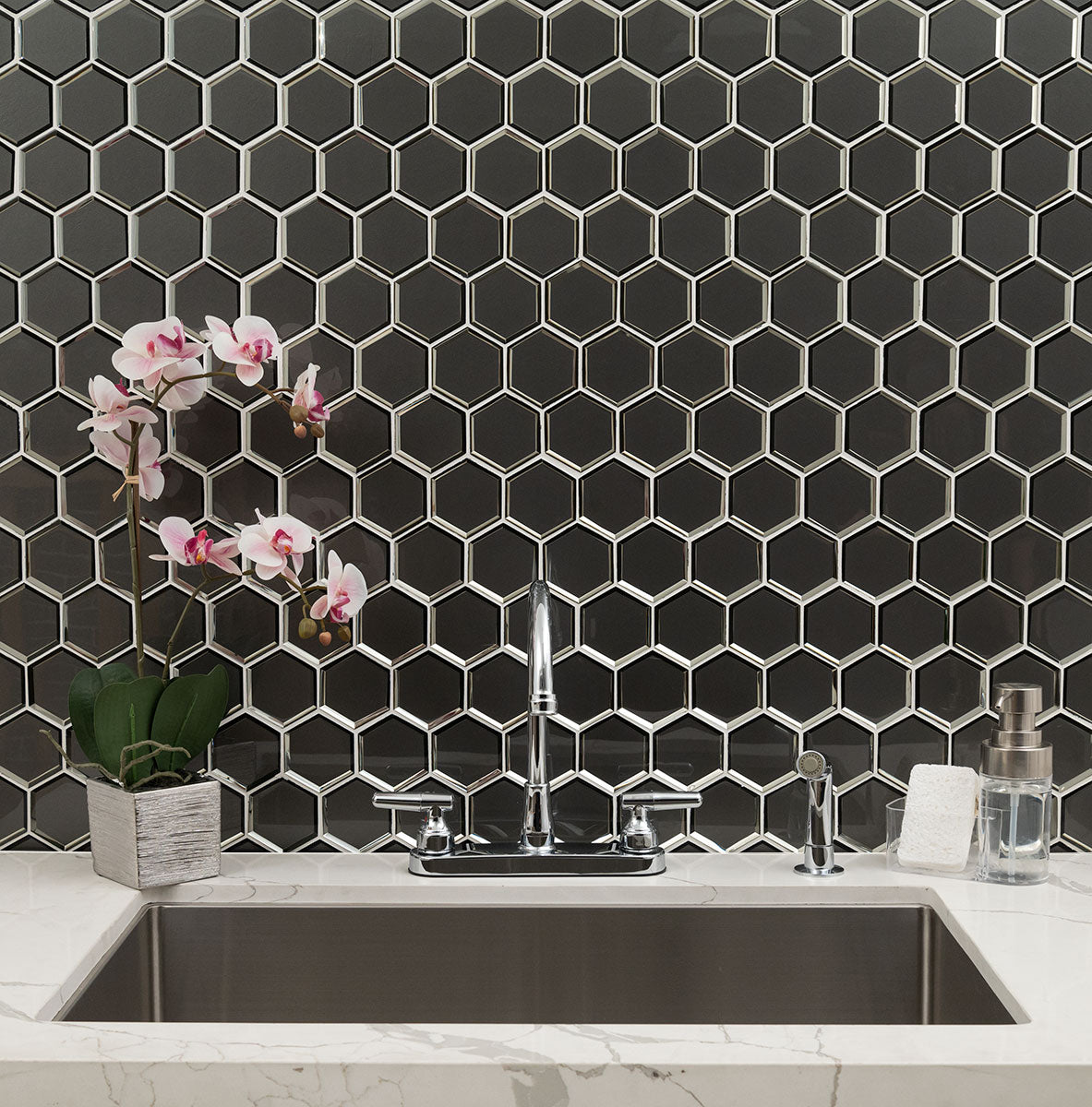 Metallic Gray Beveled 3" Hexagon Mosaic Tile