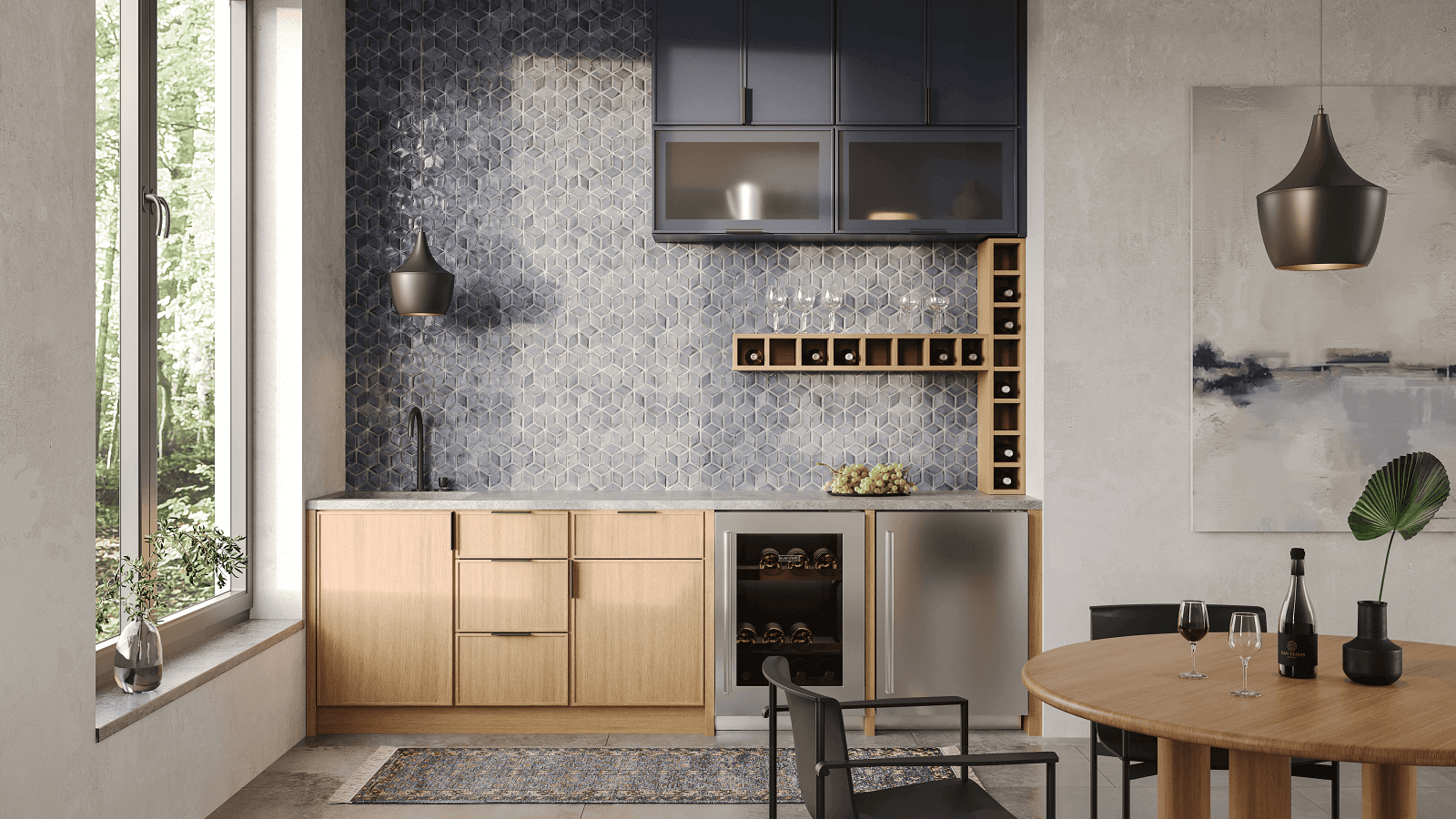 Modern kitchen featuring Imperial Montclair cashmere cabinets with shaker doors and elegant tile backsplash.