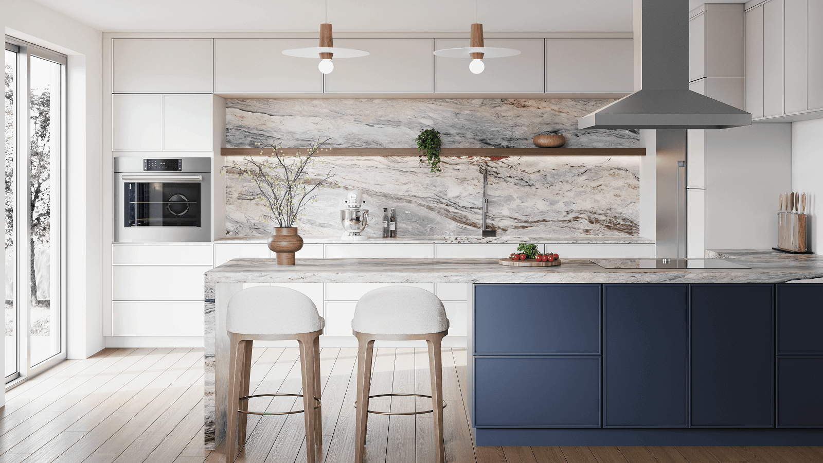 Sleek kitchen design featuring Imperial Montclair Sapphire cabinets with modern decor and a spacious island.
