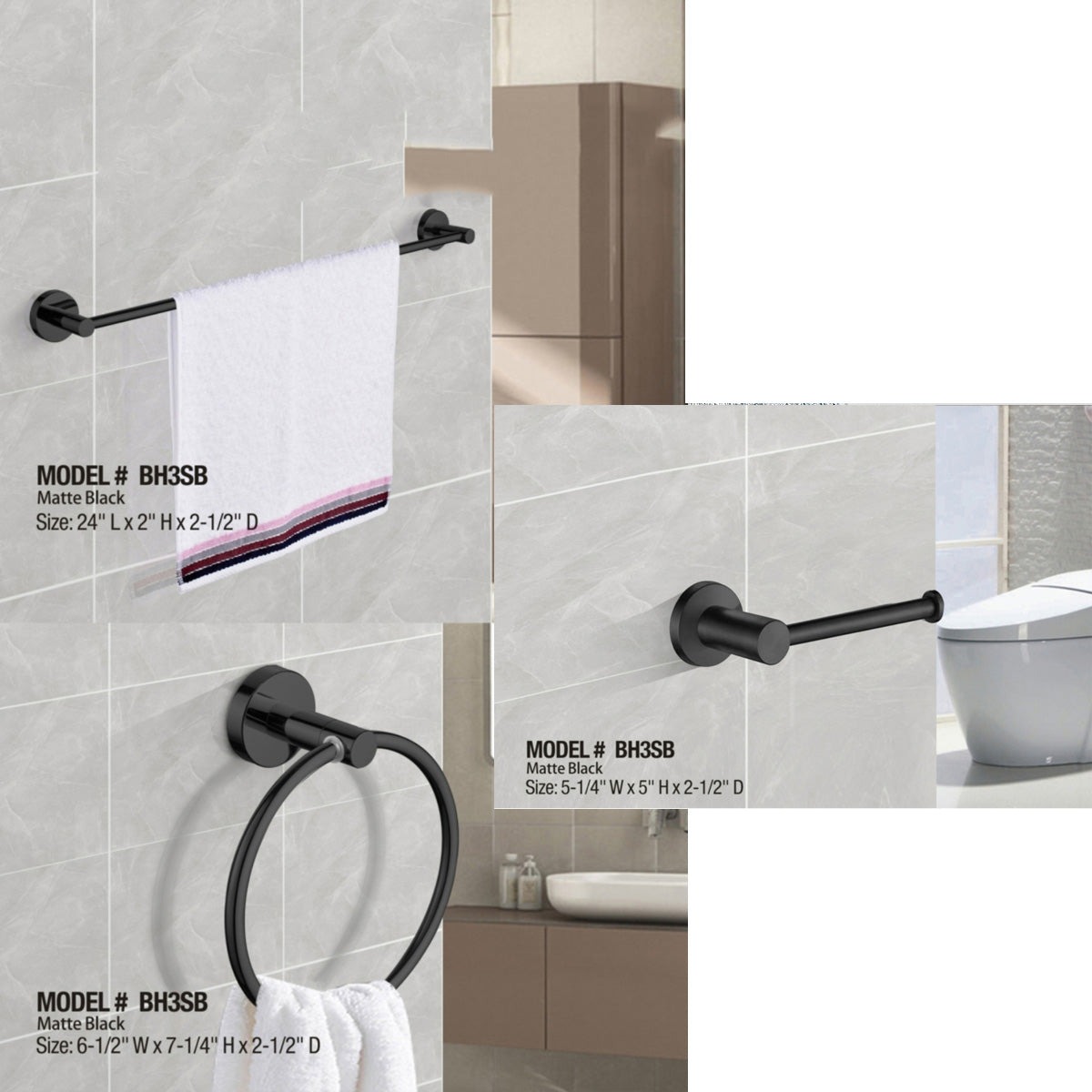 BH3S 3 Pieces Bathroom Hardware Set (Matte Black)