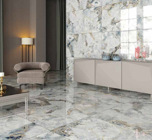 Mystic Tile - Polished: Elegant polished tiles in a modern living space featuring a stylish sofa and sleek cabinetry.