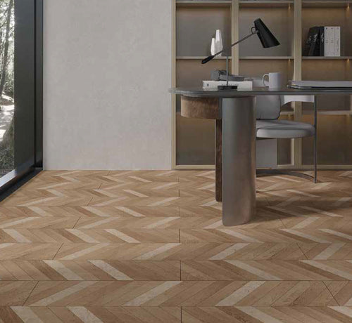 Klein Fon porcelain tile in a stylish herringbone pattern on an office floor, enhancing modern interior design.