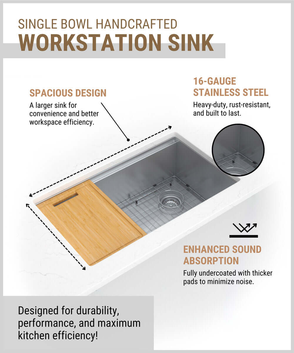 SS 16 GAU HANDCRAFTED WORKSTATION SINGLE BOWL-3319 Kitchen & Vanity Sinks - Shop at Home Craft Studio | Call