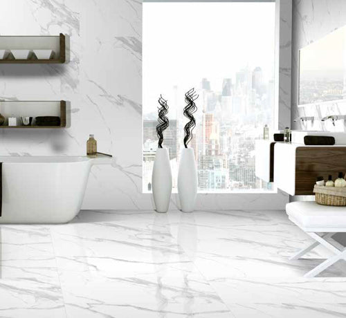 Statuario Leo polished tile in a modern bathroom setting with sleek design and city view.