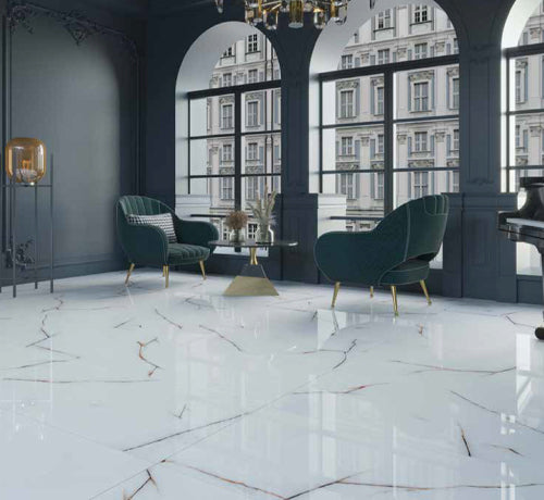 Elegant living room with Strisce Belita polished flooring, showcasing luxury and modern design.