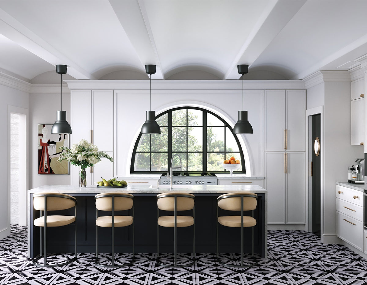 TSG Forevermark kitchen with white cabinets and a navy island