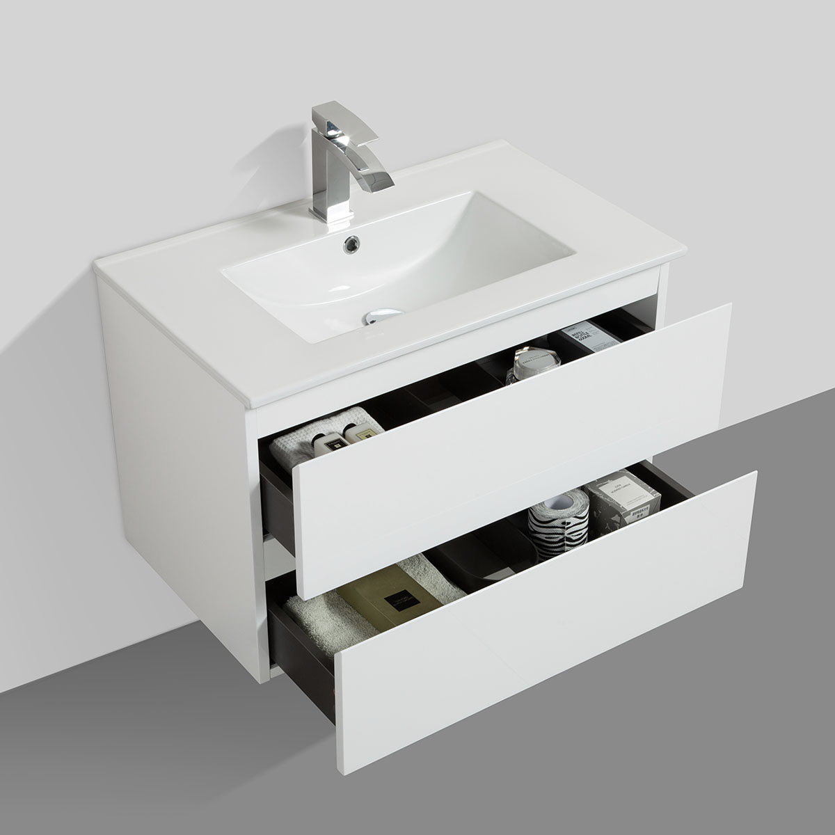 30" V9005 Angela Wall Hung Vanity & Ceramic Sink (Glossy White)