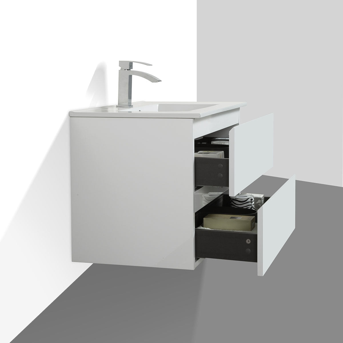 30" V9005 Angela Wall Hung Vanity & Ceramic Sink (Glossy White)
